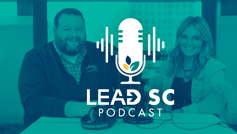 LeadSC podcast logo on top of a blue-hue photo of Justin Fowler and Angela Holland.