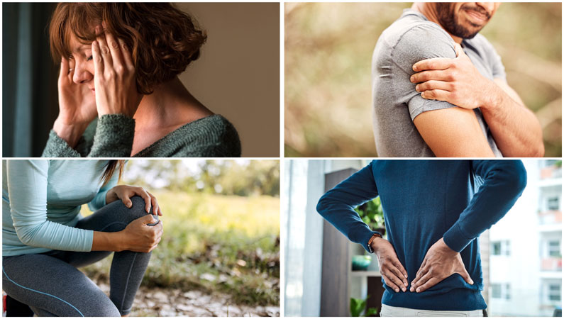 Four different people showing head, shoulder, knee and back pain.