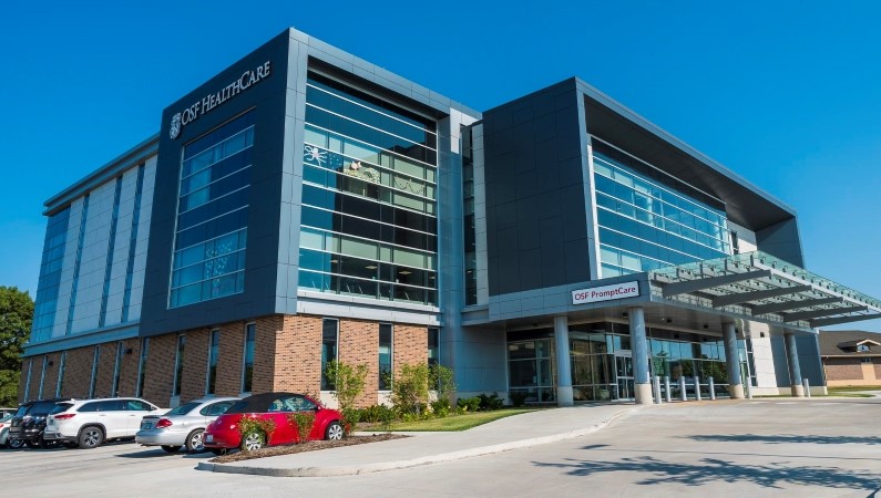 Exterior photo of OSF Cancer Center located in Bloomington, Illinois.