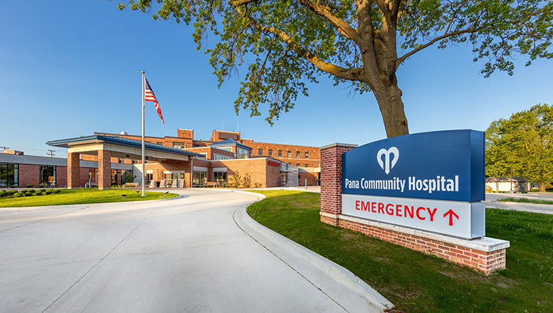 Exterior of multistory brick medical facility in Pana, Illinois