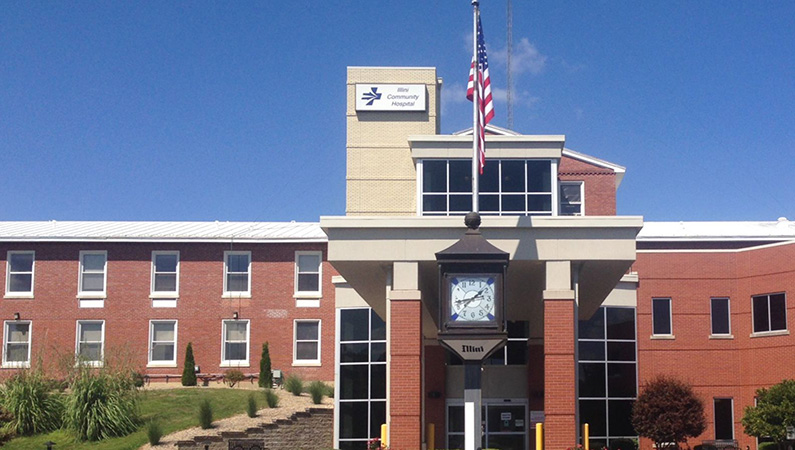 Exterior red brick multi-story hospital building