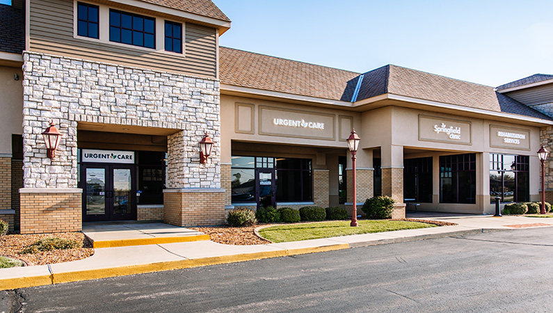 Exterior of urgent care entrance in shopping complex in Springfield, Illinois