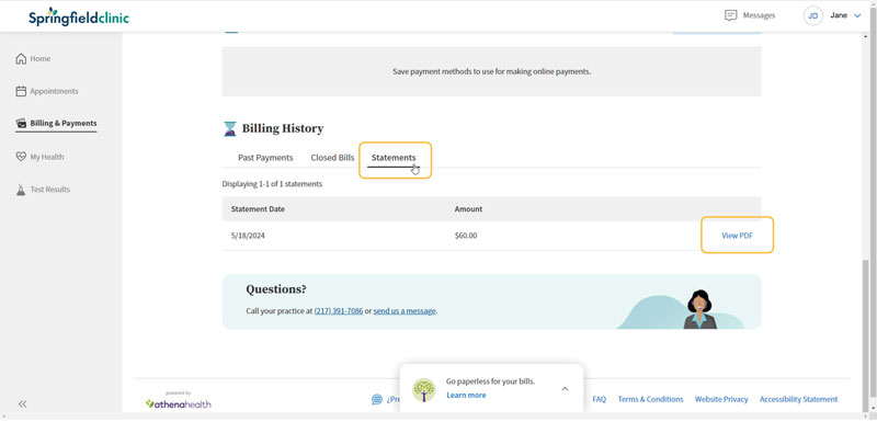 Screenshot instructing patients how to pay their athenahealth bill