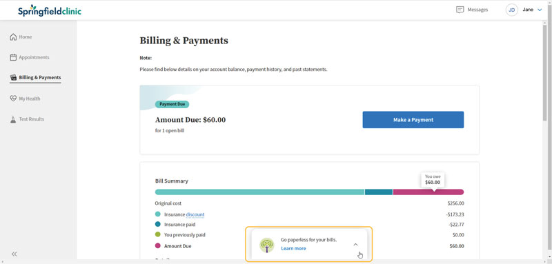 Screenshot instructing patients how to pay their athenahealth bill