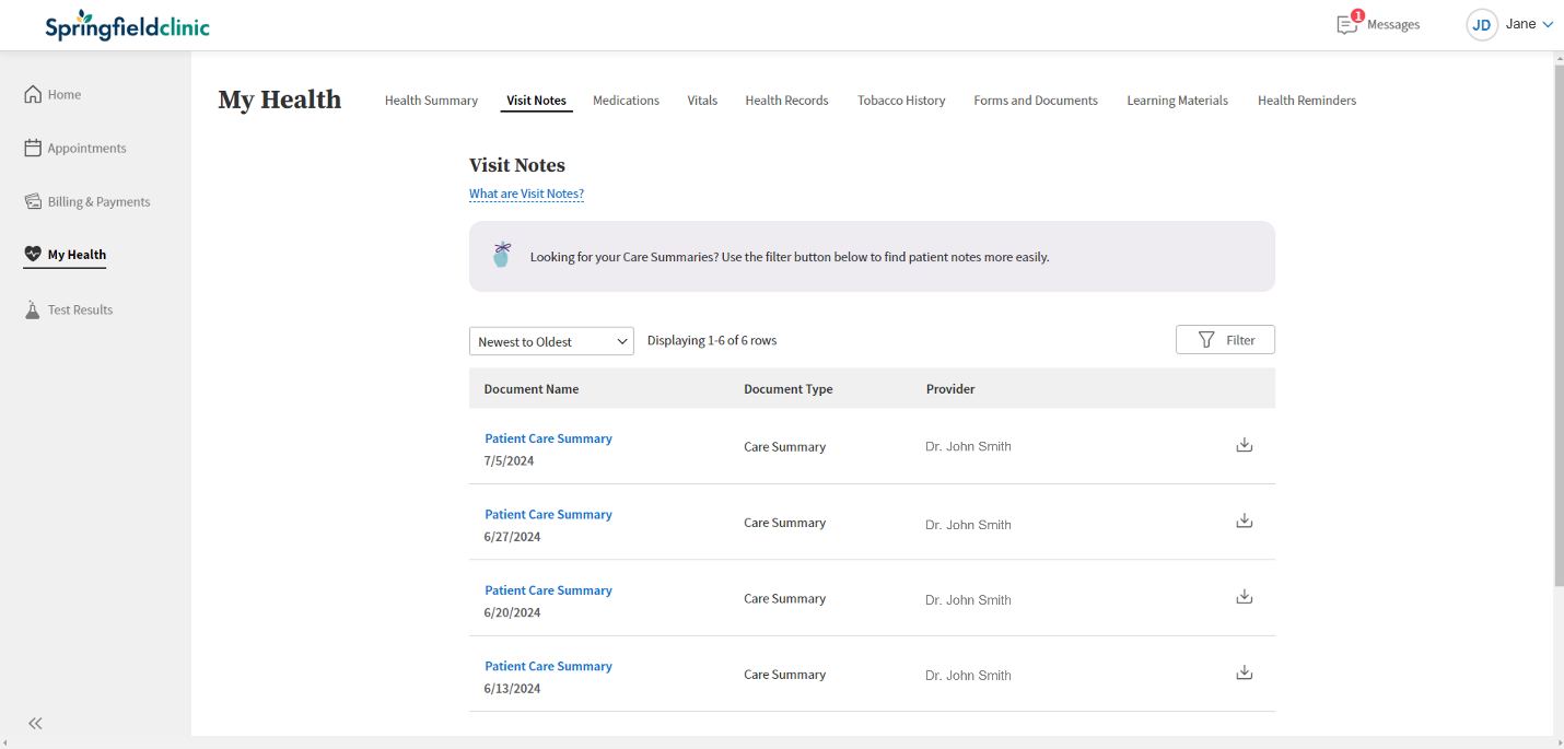 Screenshot of athenahealth patient portal.