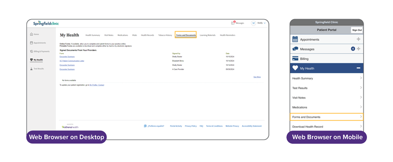 what the Forms and Documents tab looks like in the web browser version of the patient portal