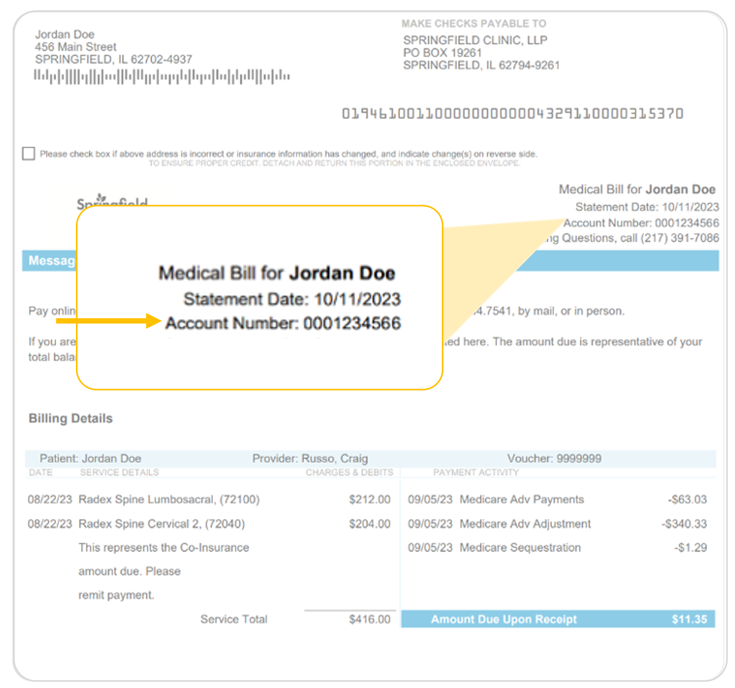 Sample billing statement highlighting an account number starting with leading zeros