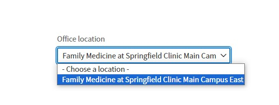 Office location dropdown desktop on athenahealth patient portal.