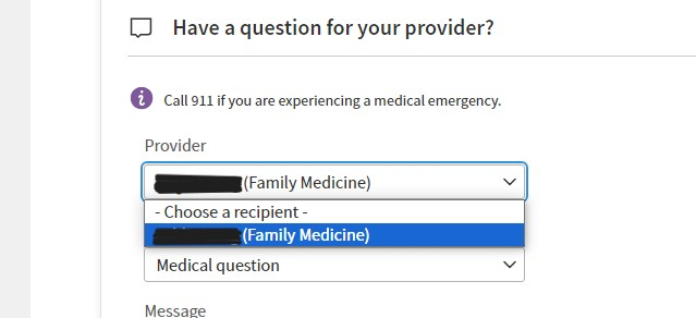 Provider drop down in athenahealth patient portal.