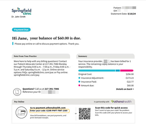 Screenshot instructing patients how to pay their athenahealth bill
