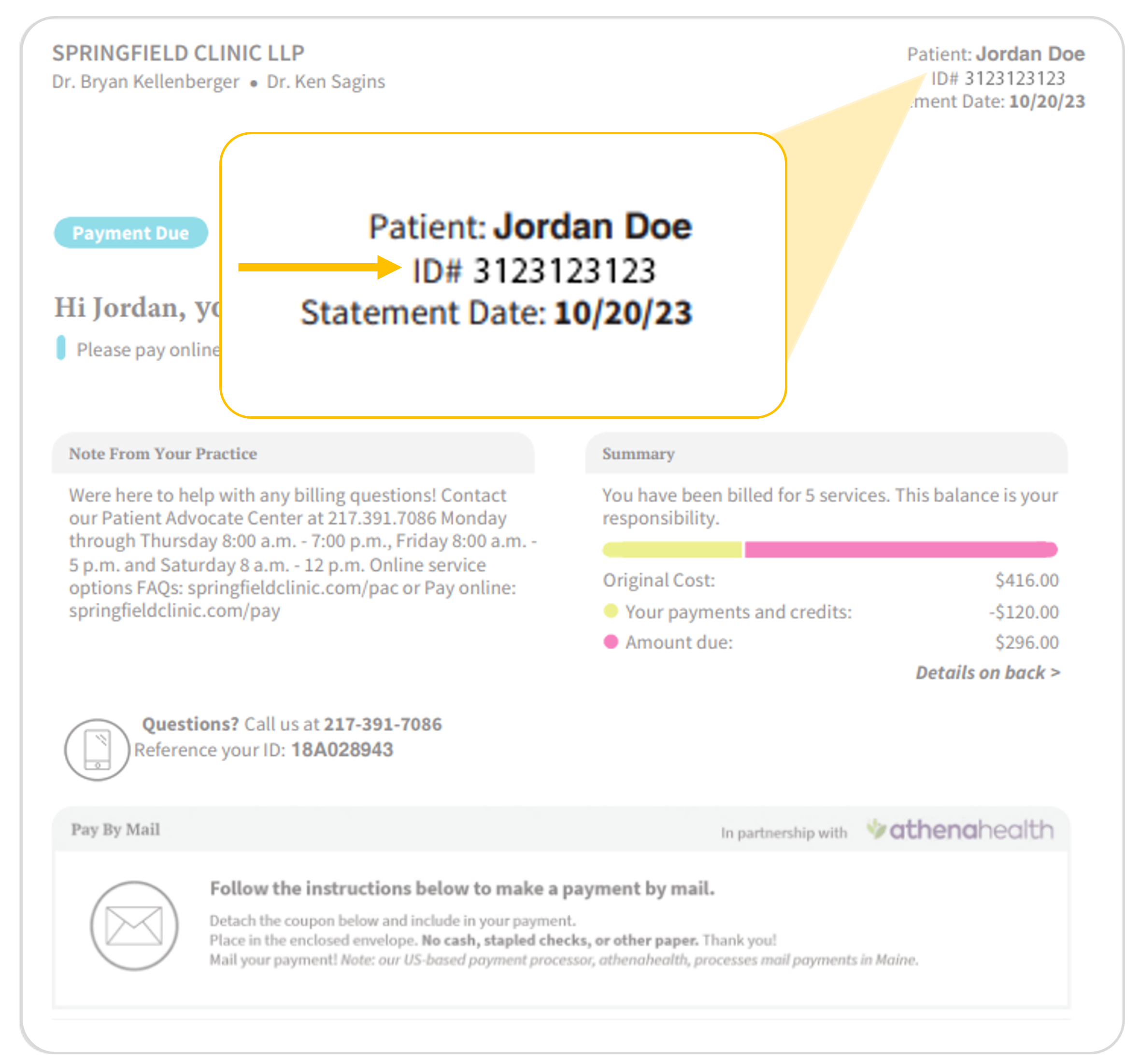 Sample patient billing statement highlighting an account number starting with three