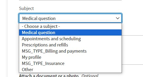 Subject drop down desktop on athenahealth portal.