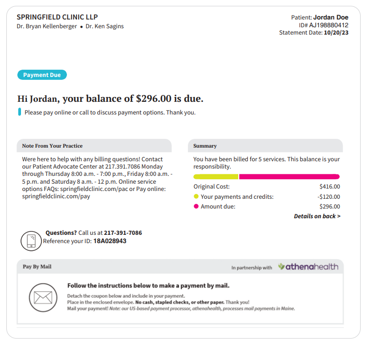 Example of a Springfield Clinic billing statement with Athena Health.