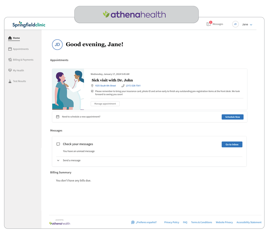 Sample athenahealth patient portal homepage on desktop