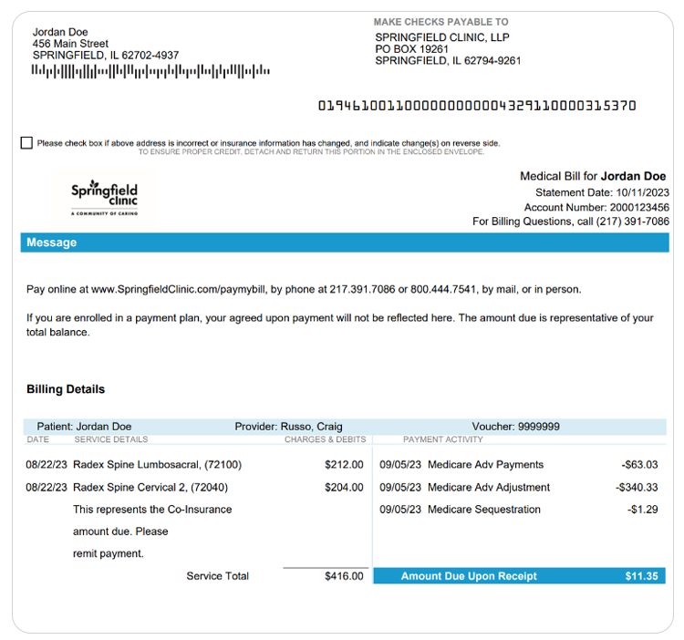 Example of a Springfield Clinic billing statement with myhealth@sc.