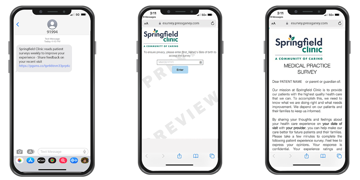 Three phones showing process for logging onto surveys