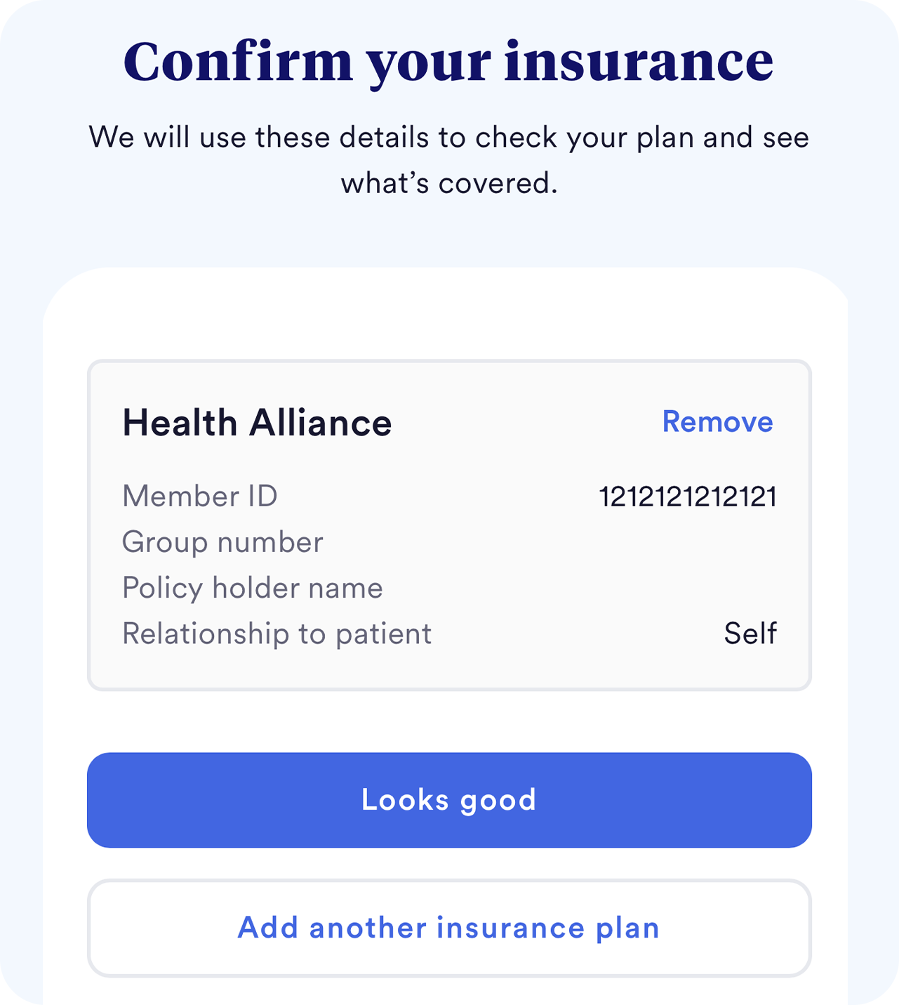 Screenshot of pre-registration at the step, "confirm your insurance".
