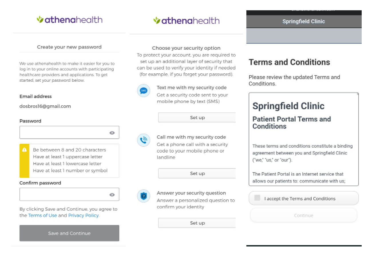 Setting up new password, security verification and terms and conditions for the athenahealth portal.