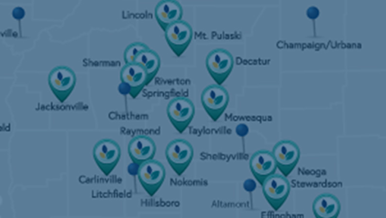 Closeup of map of Illinois with markers indicating Springfield Clinic locations