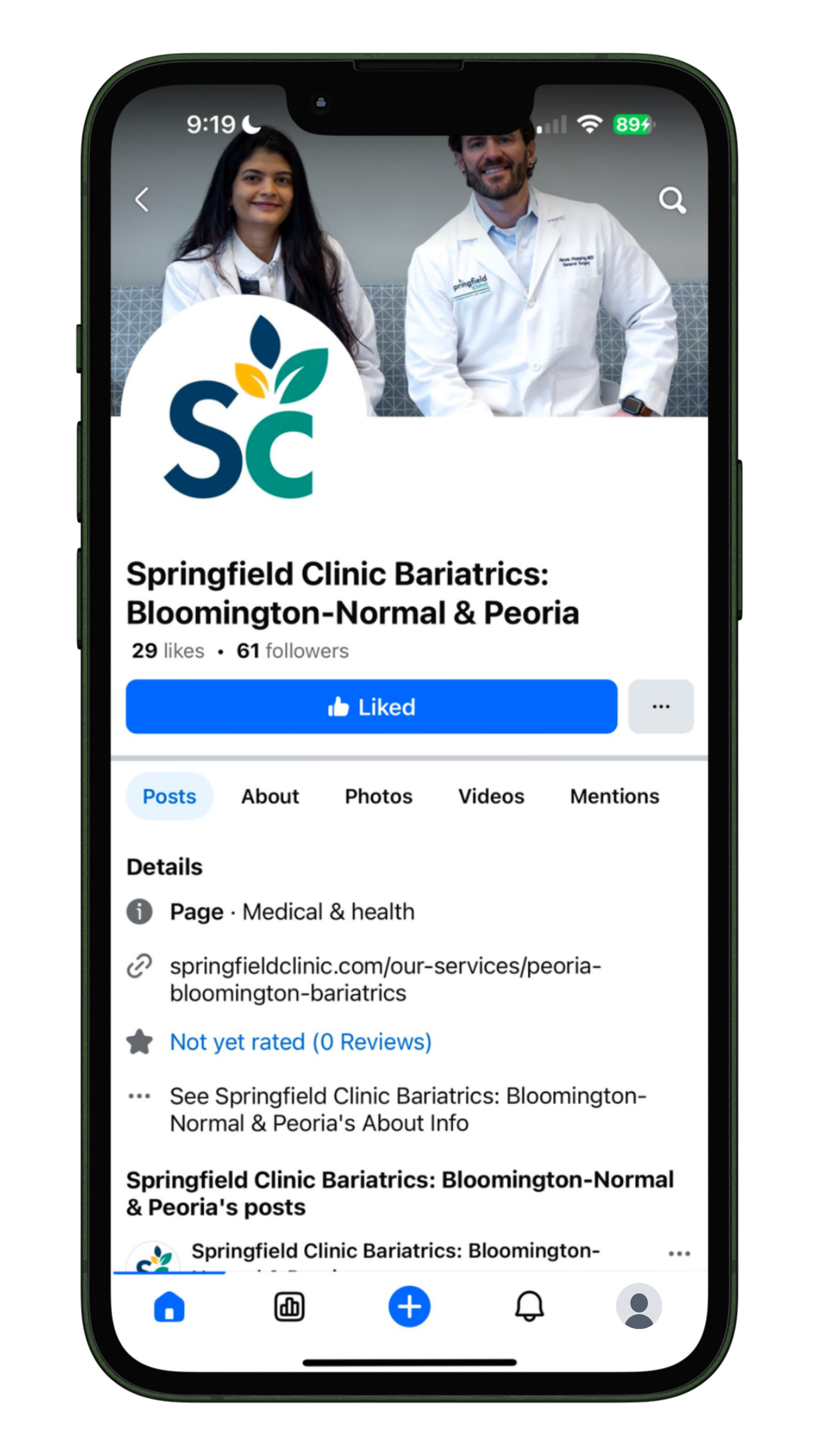 Mockup of iPhone with Springfield Clinic Facebook page.