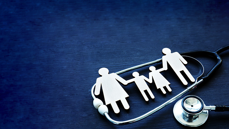 Icons representing a family with stethoscope on navy blue background