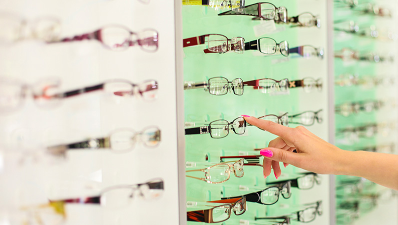 Wall display of various eyeglasses